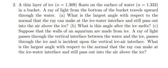 Solved 2. A thin layer of ice (n 1.309) floats on the | Chegg.com