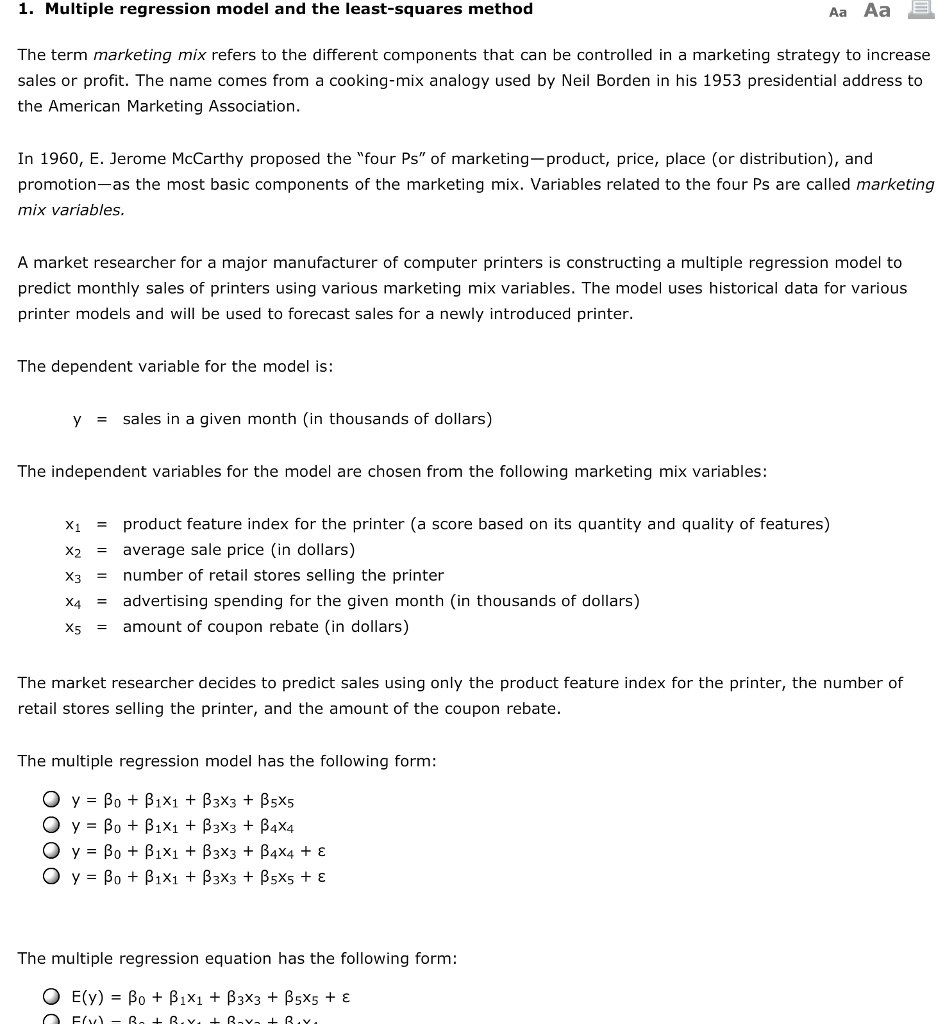 Solved 1. Multiple regression model and the least-squares | Chegg.com