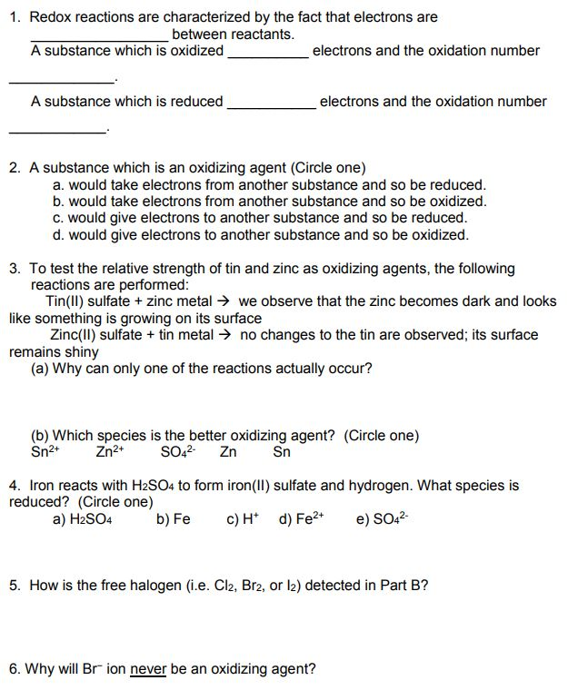 Solved 1. Redox reactions are characterized by the fact that | Chegg.com