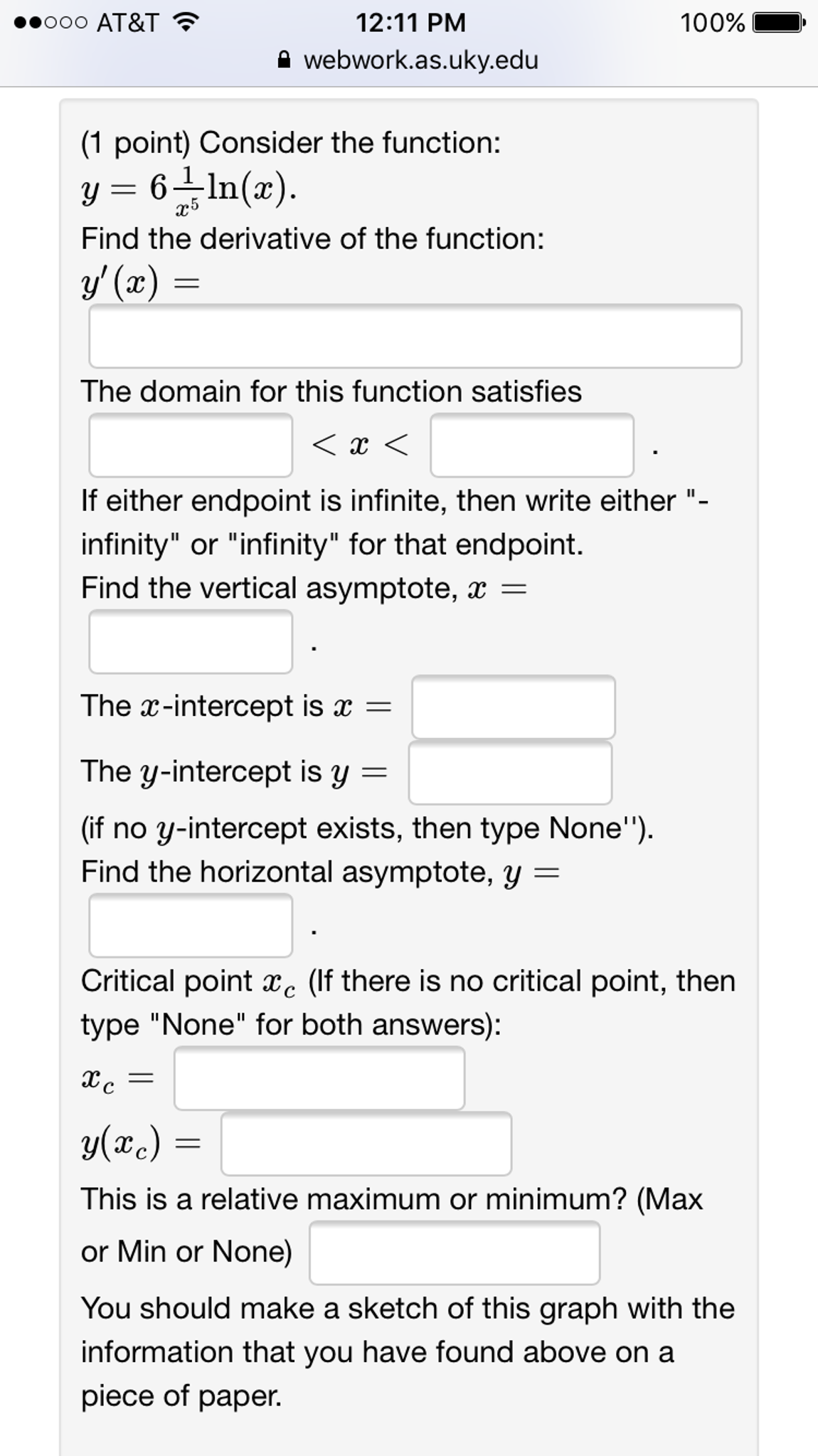 identify the domain of the function y ln x6