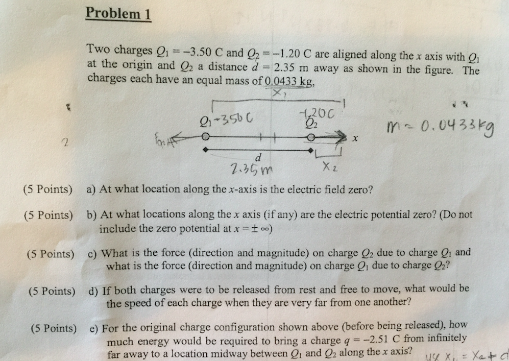 Solved Problem 1 Two Charges Q1 = -3.50 C And Q2 = -1.20 C | Chegg.com