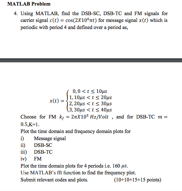 Solved Using MATLAB, find the DSB-SC, DSB-TC and FM signals | Chegg.com