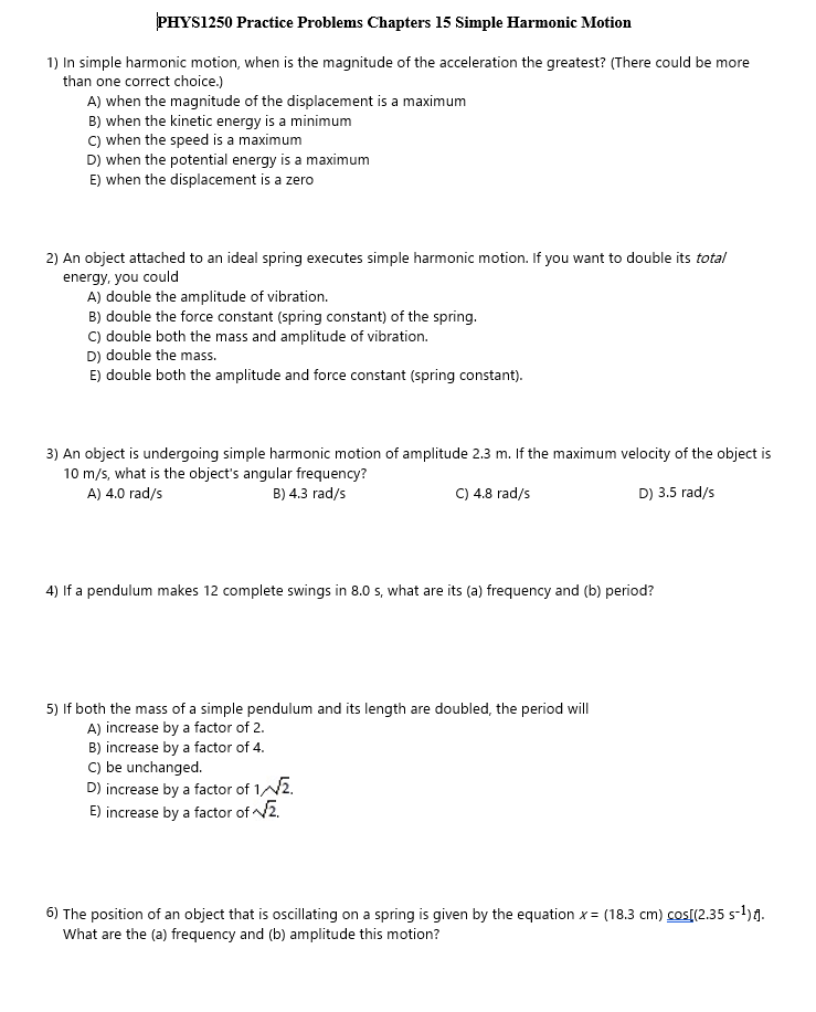 Solved PHYS1250 Practice Problems Chapters 15 Simple | Chegg.com