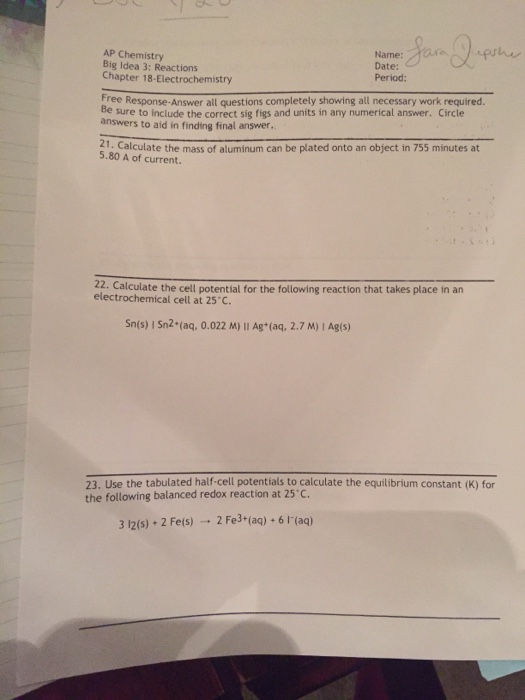 Solved Free Response-Answer all questions completely showing | Chegg.com