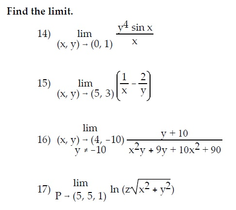 Solved Find the limit. 14 lim yt sin x (x, y) (0,1) 15 lim | Chegg.com