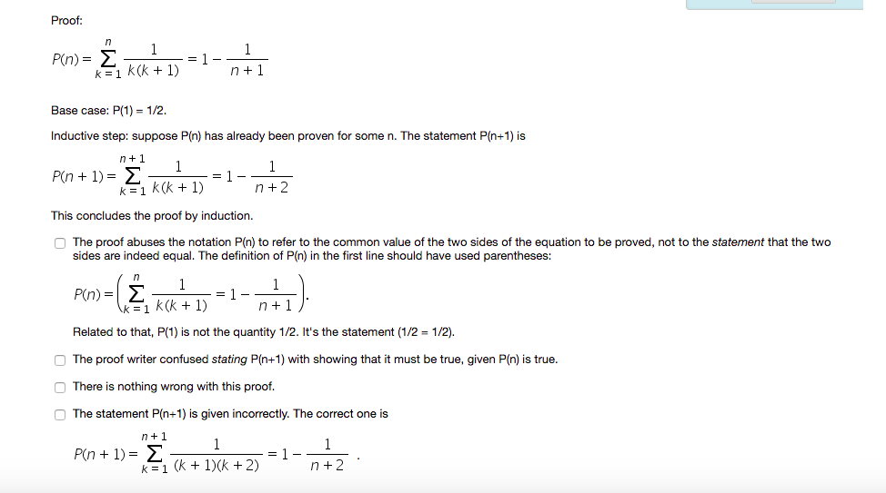 Solved Proof P(n) k 1 k (k 1) n 1 Base case P(1) 1/2