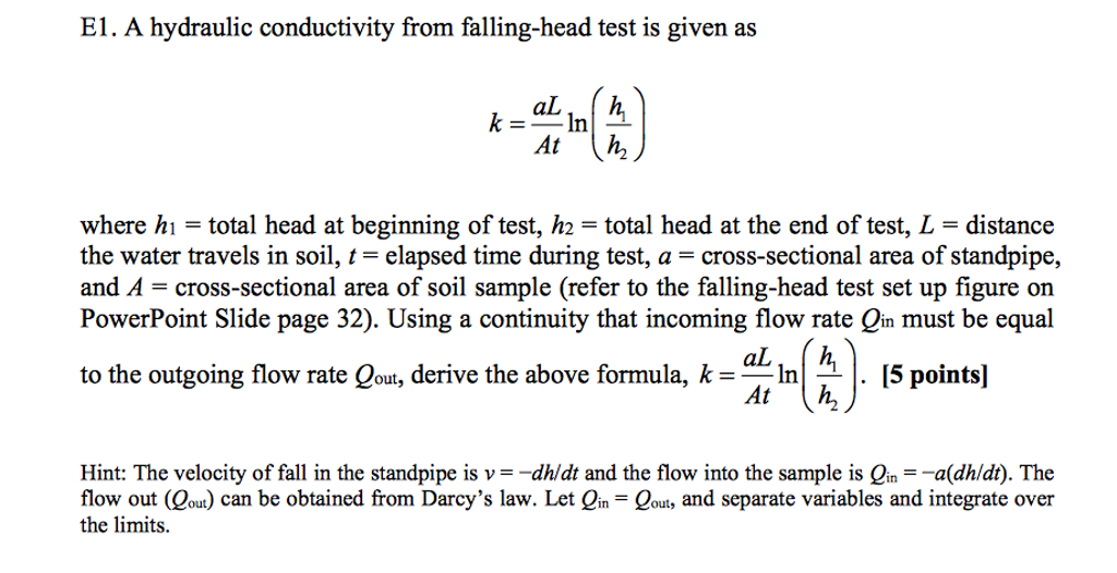Solved A hydraulic conductivity from fallinghead test is