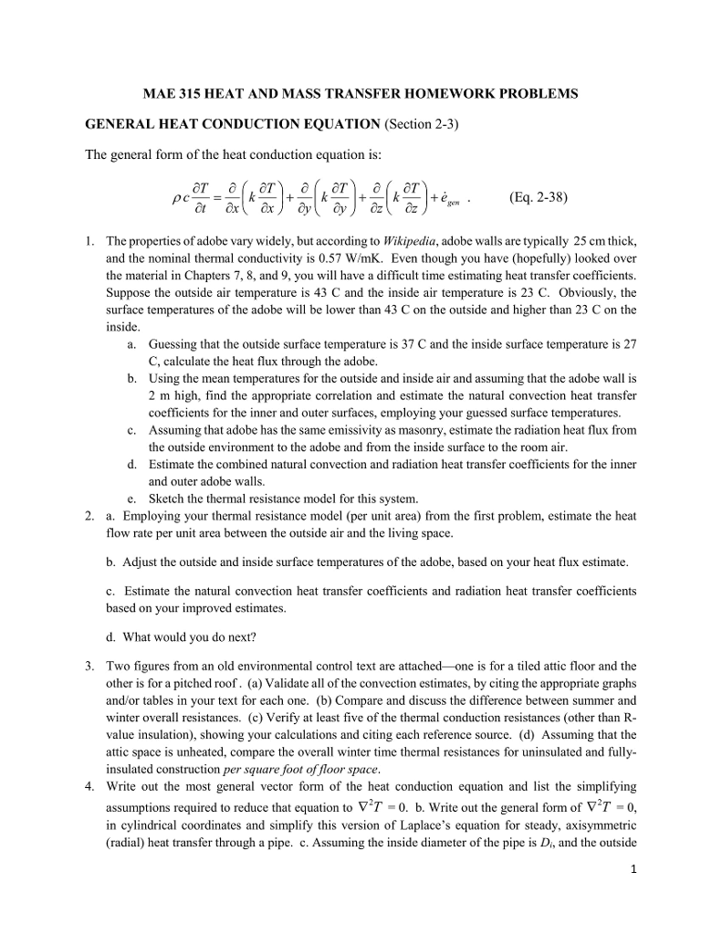 Solved MAE 315 HEAT AND MASS TRANSFER HOMEWORK PROBLEMS | Chegg.com