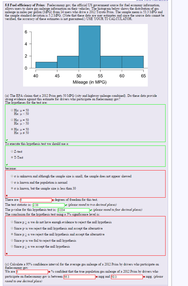 Solved 5.8 Fuel efficiency of Prius: Fueleconomy gow, the | Chegg.com