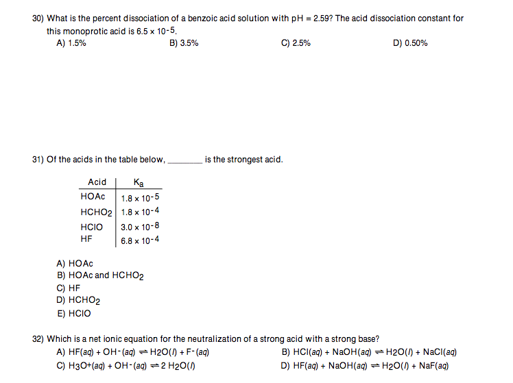 Solved 30) what is the percent dissociation of a benzoic | Chegg.com