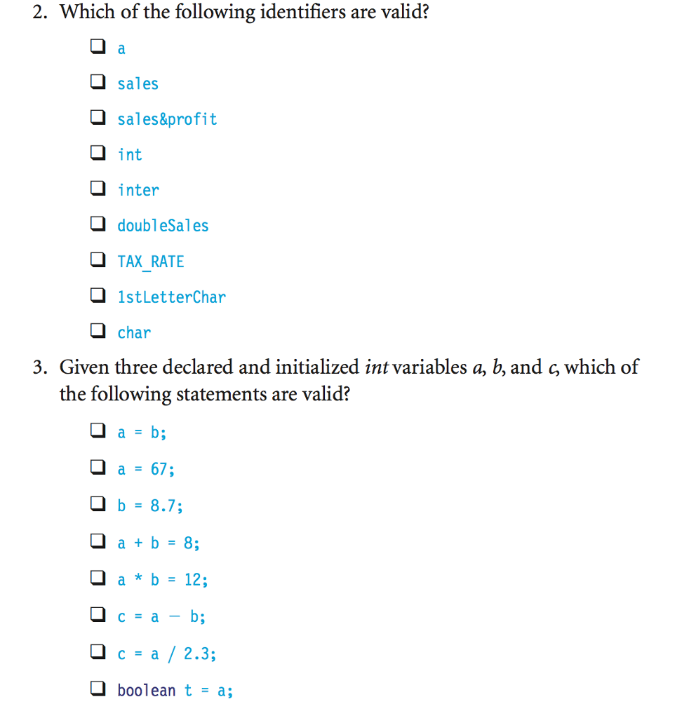 solved-2-which-of-the-following-identifiers-are-valid-chegg