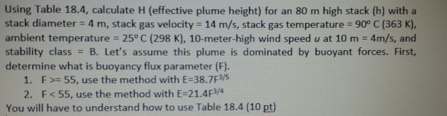 Solved Using Table 18.4, calculate H (effective plume | Chegg.com