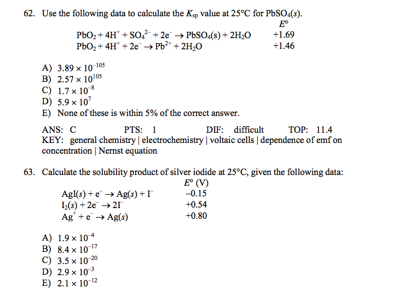 Solved 62. Use the following data to calculate the Ksp value | Chegg.com