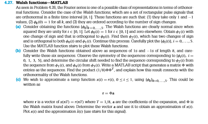4.27. Walsh functions-MATLAB As seen in Problem 4.26, | Chegg.com