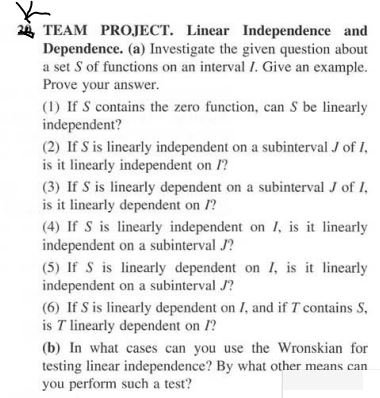 Solved TEAM PRC)JECT. Linear Independence And Dependence. | Chegg.com