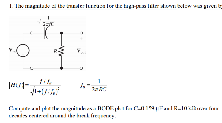 High pass filter transfer function