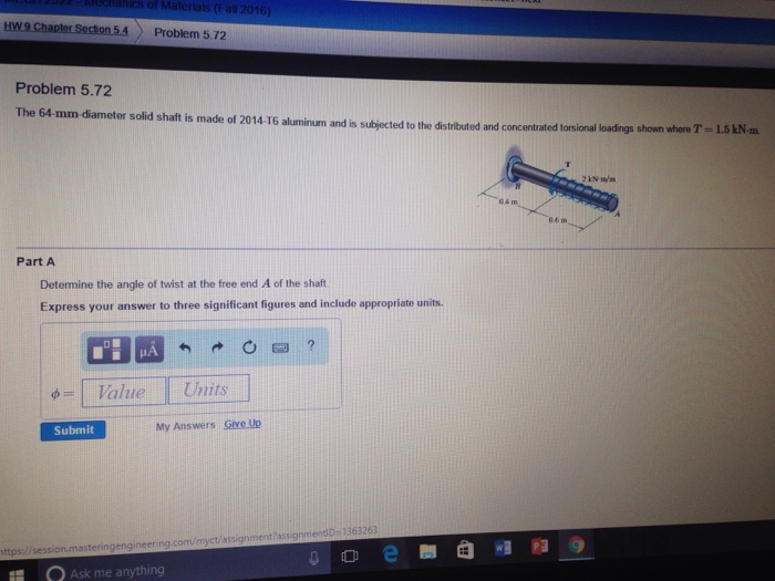Solved The 64-mm-diameter solid shaft is made of 2014-T6 | Chegg.com