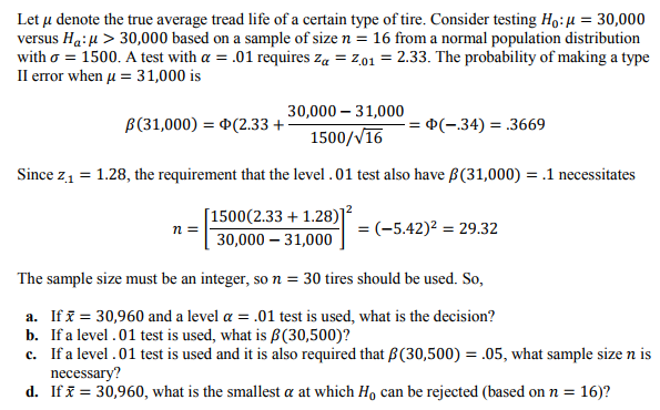 Solved Let μ denote the true average tread life of a certain | Chegg.com