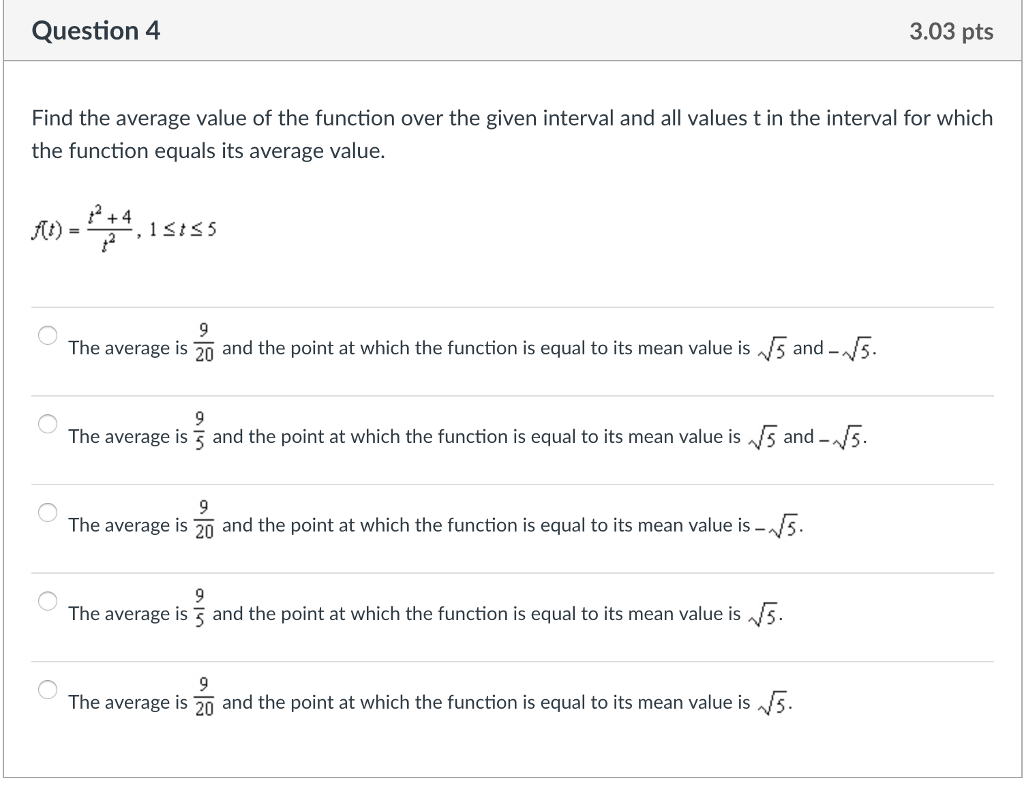 Solved Question 4 3.03 pts Find the average value of the | Chegg.com