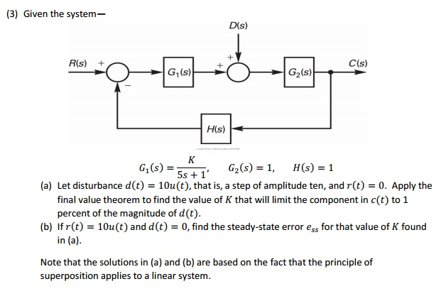 Solved (3) Given the system - G1(s) = K/5s + 1, G2(s) = 1, | Chegg.com