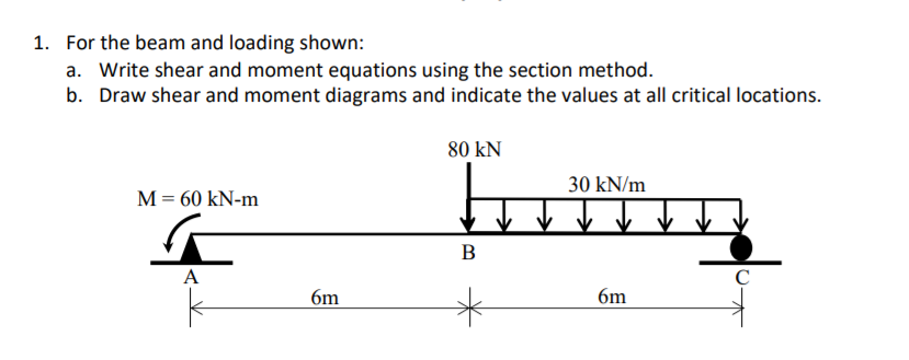 Solved 1. For the beam and loading shown: Write shear and | Chegg.com