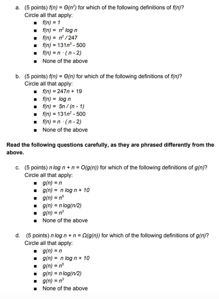 Solved (5 points) f(n) = Θ(n*) for which of the following | Chegg.com