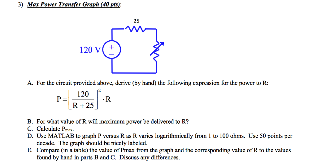 Solved 3) Max Power Transfer Graph (40 pts) 25 120 V+ A. For | Chegg.com