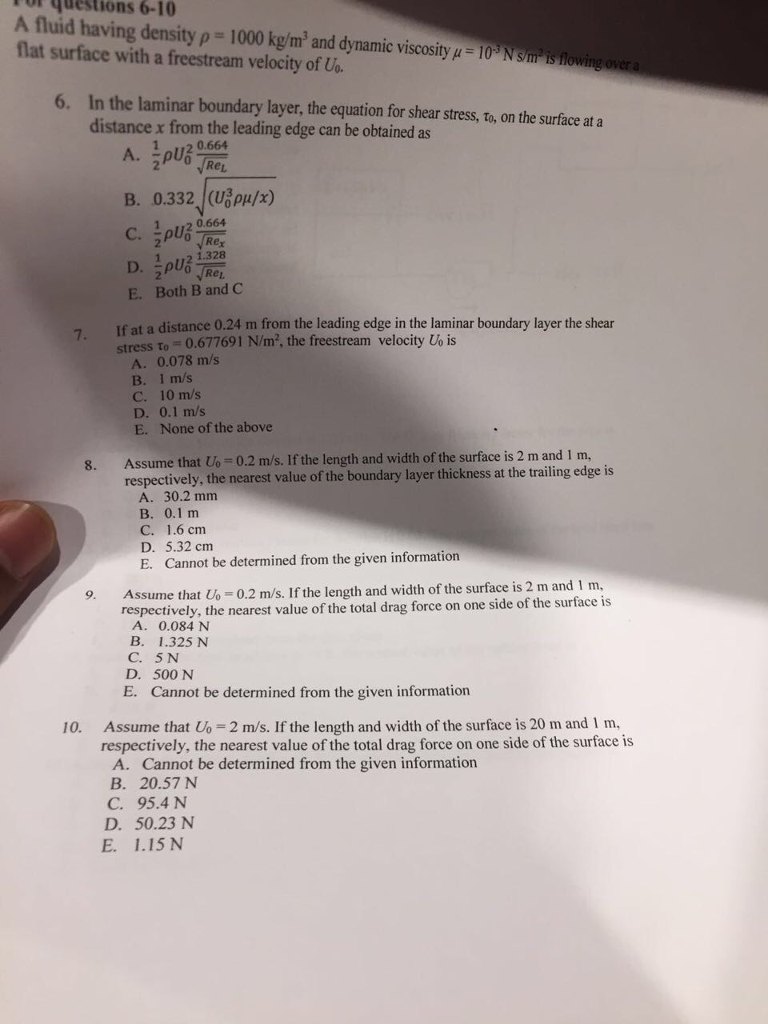 Solved questions For 6-10 A fluid having density ? = 1000 | Chegg.com