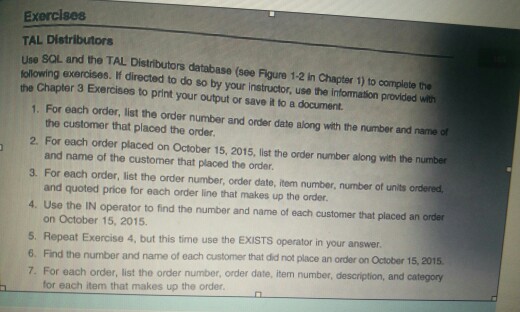 Solved Exercises TAL Distributors Use SOL and the TAL | Chegg.com