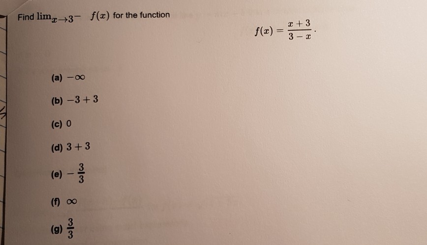 Solved Find lim+3for the function 3 3-? (b) -3+3 (c) 0 (d) 3 | Chegg.com