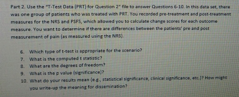 Solved T-Test Data (PRT)_ for Question 2 (1) (1)xlsx- | Chegg.com