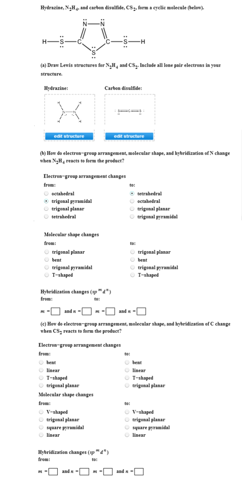 Solved Hydrazine, N2H4, and carbon disulfide, CS2, form a