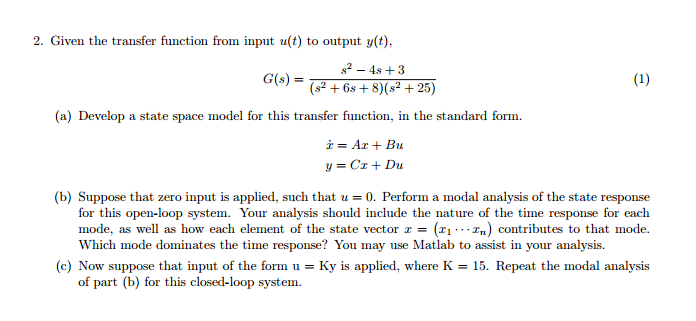 2. Given the transfer function from input u(t) to | Chegg.com
