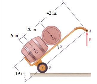 Solved A hand truck is used to move two barrels, each | Chegg.com