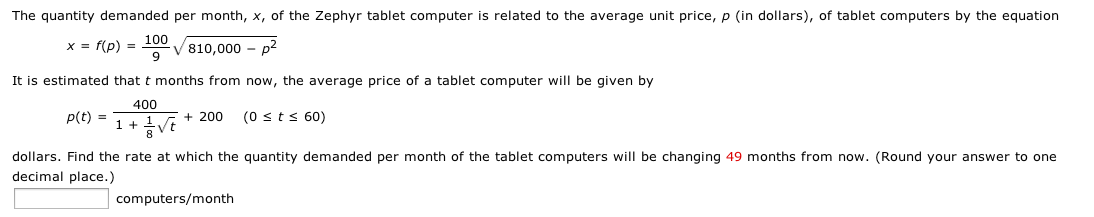 Solved The quantity demanded per month, x, of the Zephyr | Chegg.com