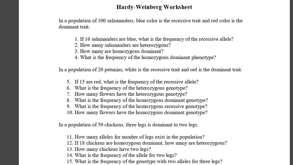 Solved: Hardy-Weinberg Worksheet In A Population Of 100 Sa... | Chegg.com