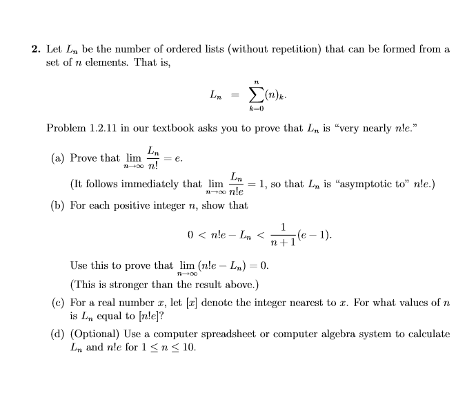 Solved Let Ln be the number of ordered lists (without | Chegg.com