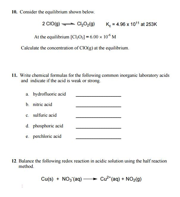 Solved Consider the equilibrium shown below. 2 ClO(g) | Chegg.com