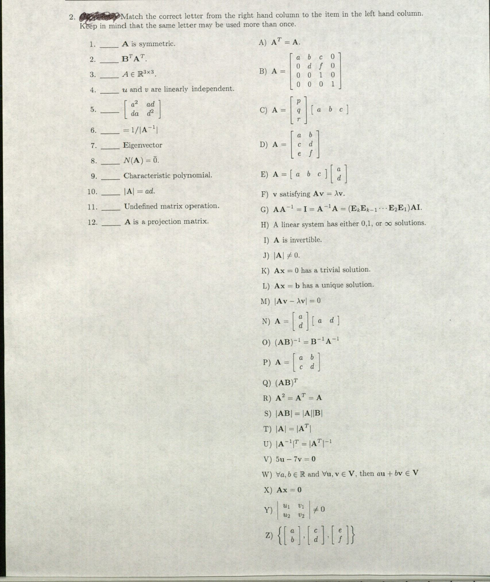 Solved Match the correct letter from the right hand column | Chegg.com