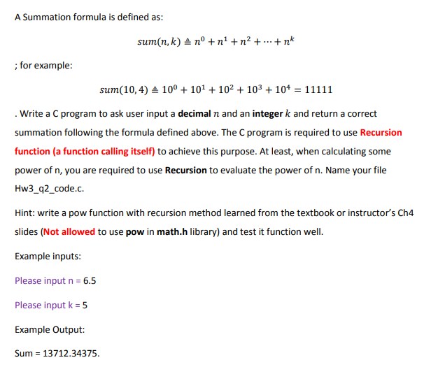 Solved A Summation formula is defined as: sum(n, k) 스 no + | Chegg.com