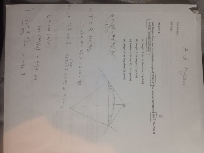 Solved Tow tangent lines meet at a deflection angle of 74 | Chegg.com