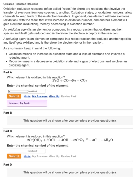 Solved Oxidation-reduction reactions Oxidation-reduction | Chegg.com