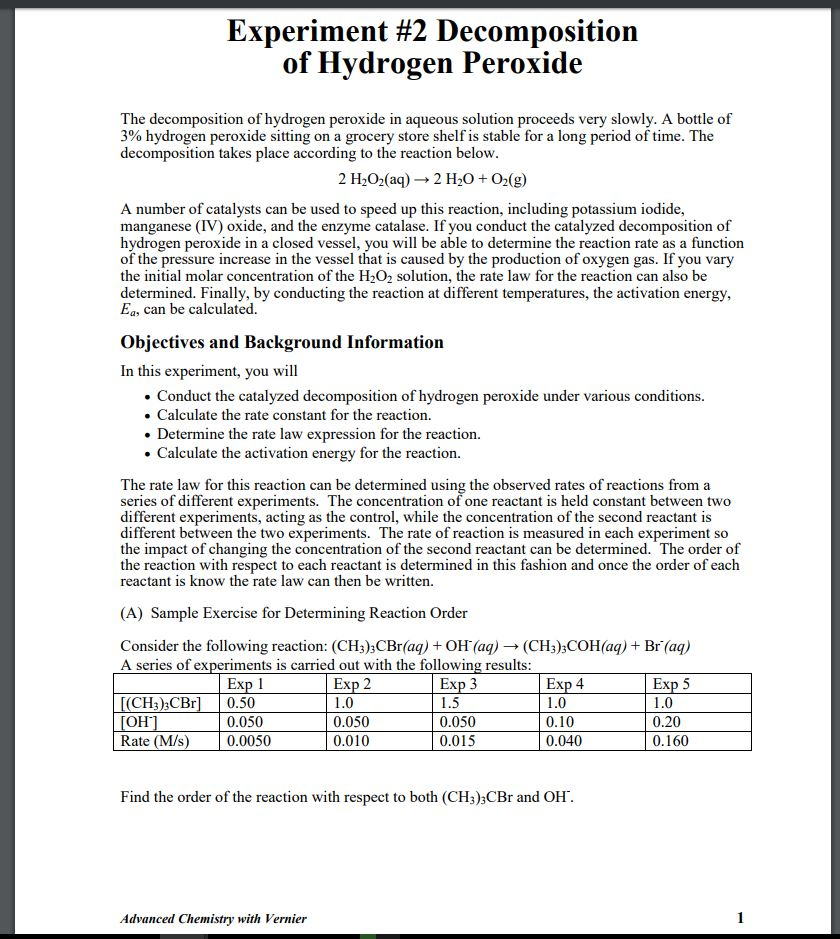 Experiment 2 Decomposition Of Hydrogen Peroxide The