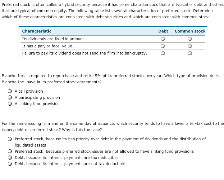 Solved Preferred stock is often called a hybrid security