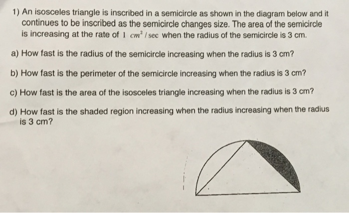 Solved An isosceles triangle is inscribed in a semicircle as | Chegg.com