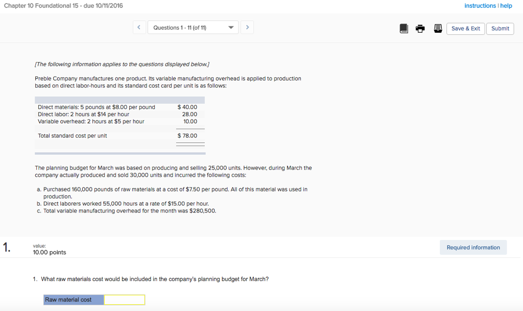 Solved Summary Preble Company manufactures one product. Its