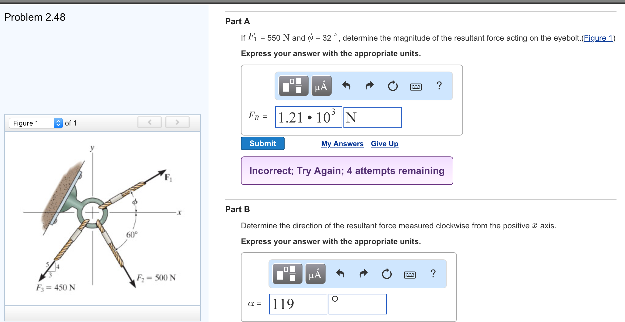 Solved Problem 2.48 Part A If F1-550 N and φ = 32° , d | Chegg.com