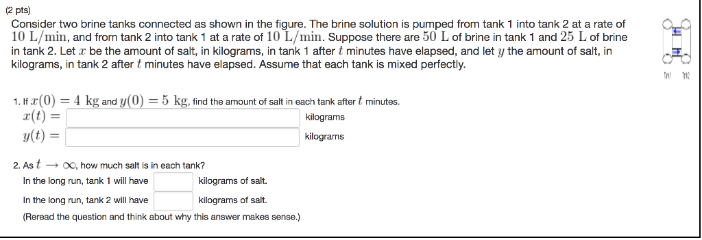 Solved 2 pts) Consider two brine tanks connected as shown in | Chegg.com
