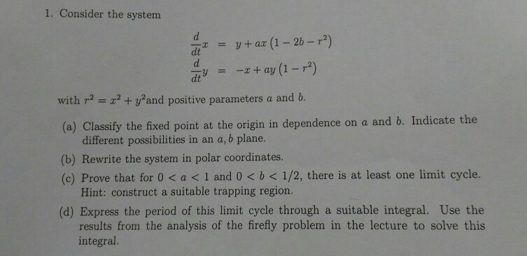 Solved 1. Consider the system y+ax (1-2)-r2) = dix with | Chegg.com