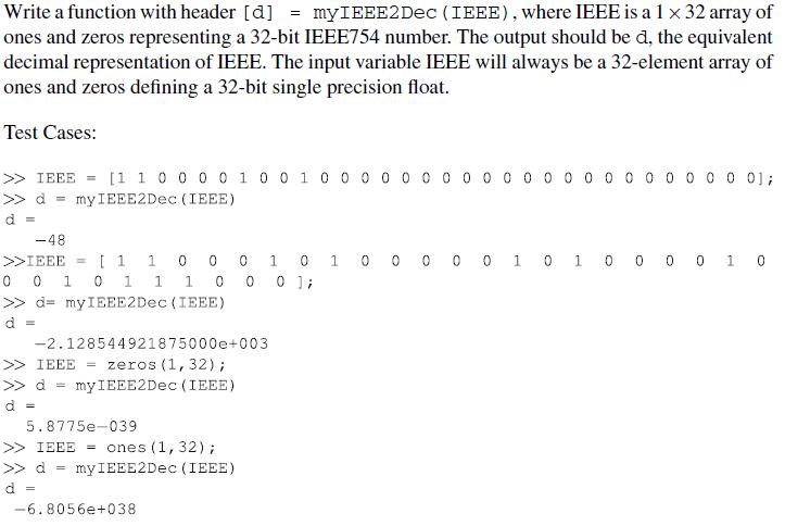 Write a function with header [d] = myIEEE2Dec (IEEE), | Chegg.com